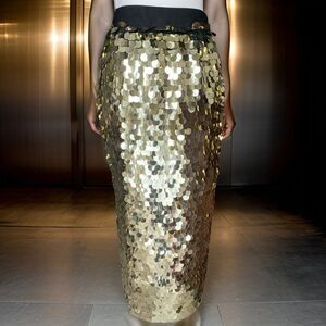 Maxi skirt, French Connection, SZ S, golden sequins, lined, elastic waist